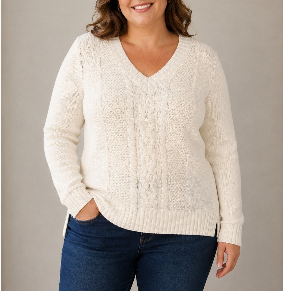 G.H. Bass V-Neck Sweater Women M Ivory Excellent Cotton Cable Knit Pullover cozy